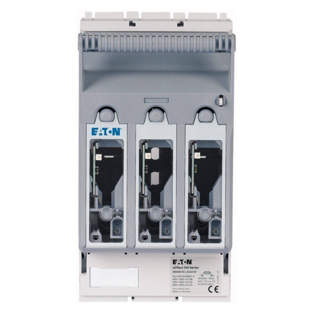Eaton 3-polig gekapselte Lasttrennschalter in einem grauen Gehäuse, entwickelt zur sicheren elektrischen Isolierung, mit sichtbaren Innenkomponenten.