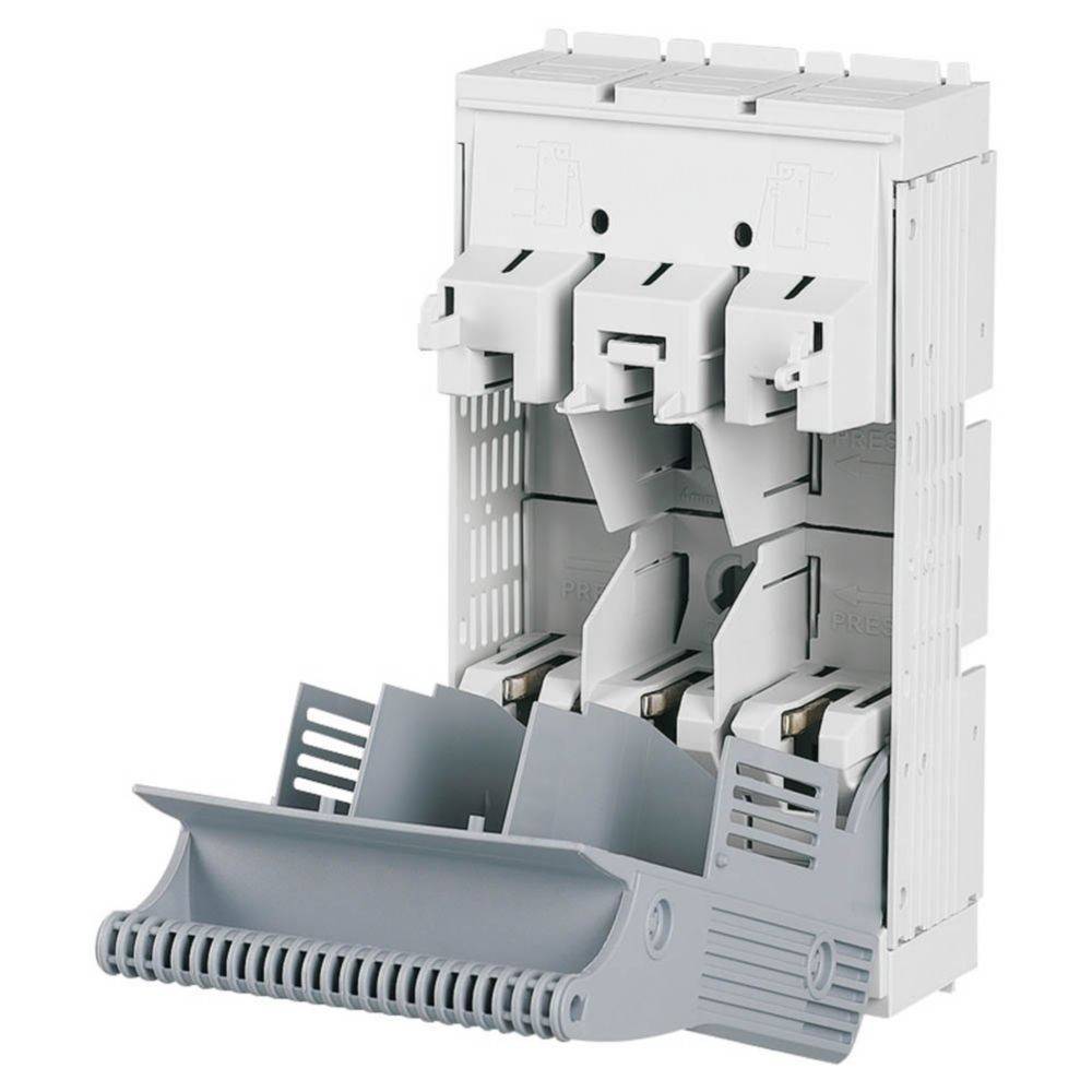 Ein drei-poliger modularer Sicherungshalter mit offener Sicherungskammer, entwickelt zum Schutz elektrischer Stromkreise und mit detaillierter Innenstruktur.
