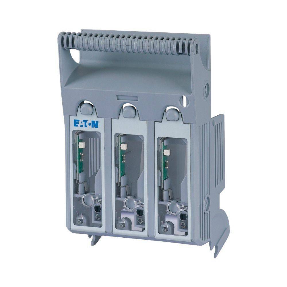 Eaton Dreipol-Sicherungshalter zur elektrischen Schutzsicherung, ausgestattet mit drei separaten Schlitzen für Sicherungen, verwendet in industriellen Anwendungen.