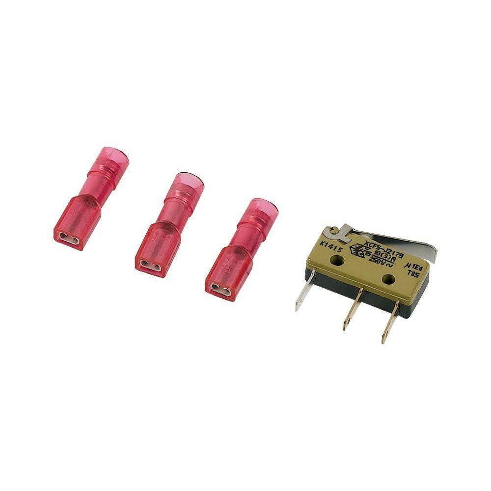 Bild von drei roten isolierten elektrischen Drahtverbindern neben einem kleinen schwarzen und goldenen Mikroschalter mit drei Metallzacken.