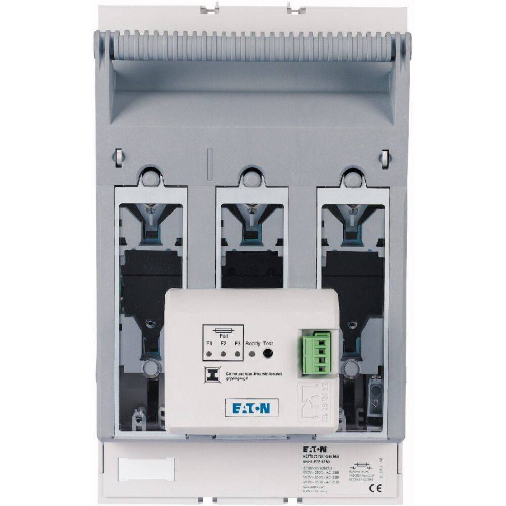 Elektrischer Leistungsschalter mit drei Steckplätzen und Eaton-Logo. Er verfügt über ein Bereitschaftstestlabel, das Überwachungsfunktionen anzeigt.