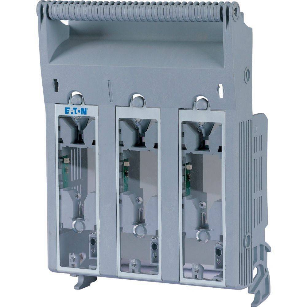 Eine graue, dreieckige elektrische Schaltanlagenkomponente mit Eaton-Logo oben, die zur Aufnahme von Sicherungsautomaten oder elektrischen Sicherungen verwendet wird.