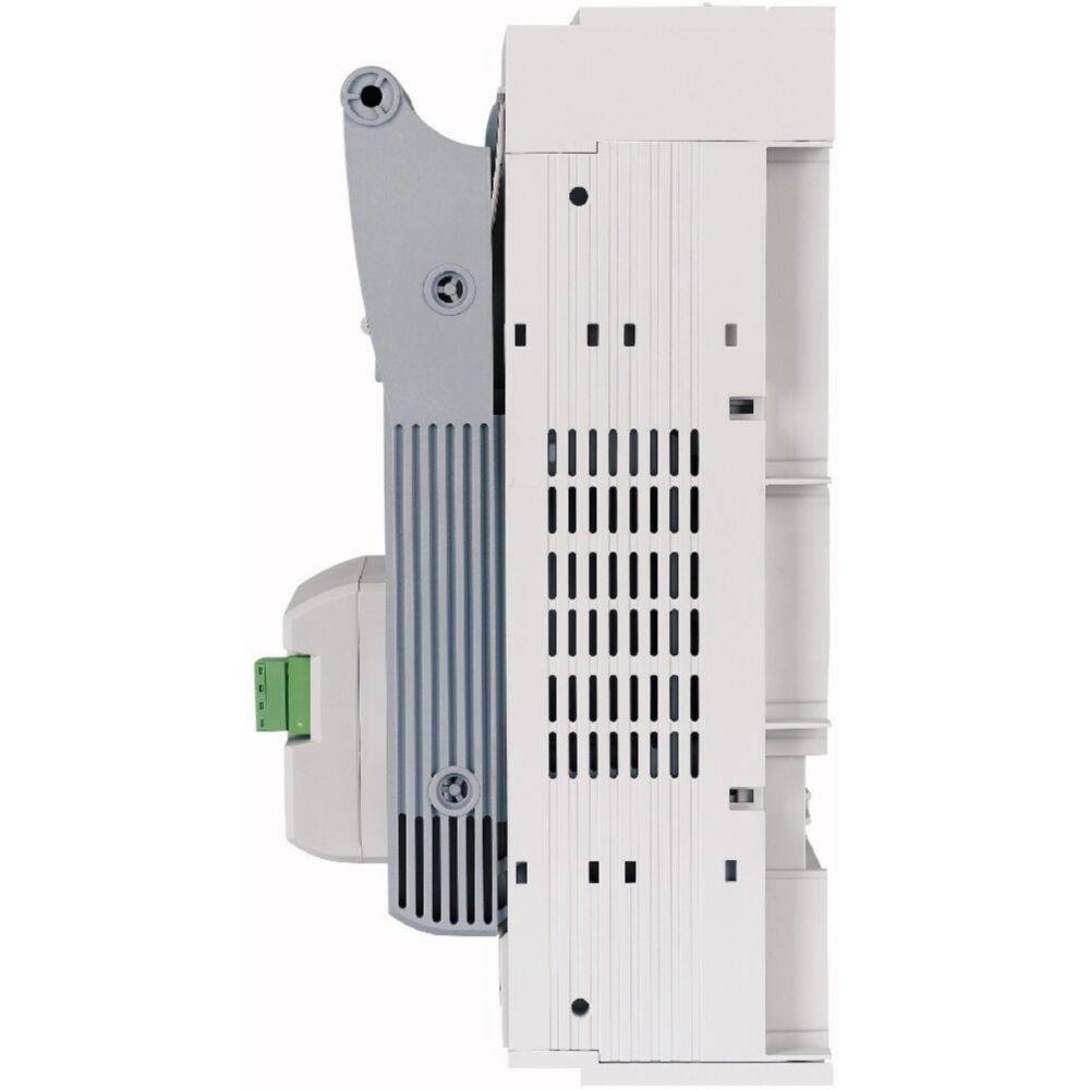 Seitenansicht eines weißen modularen Geräts mit Lüftungslöchern und einer grauen Metallkomponente, mit einem grünen Anschlussblock an der Basis.