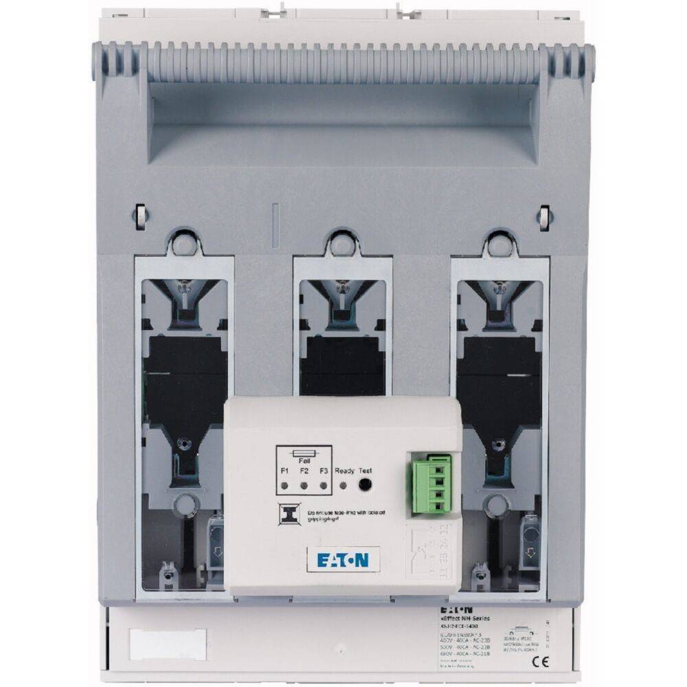 Elektrischer Sicherungsautomat mit drei Steckplätzen, Markenlogo und Statusanzeigen. Verwendet zum Schutz in elektrischen Systemen.