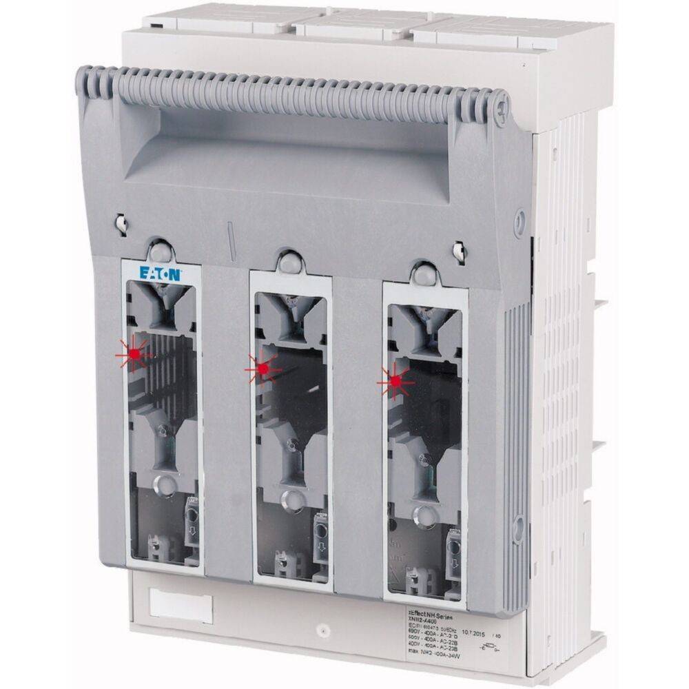 Dreiphasige elektrische Schaltanlage mit drei sichtbaren Schaltern, links oben mit 'Eaton' beschriftet. Graue Abdeckung mit Verschlussmechanismus.