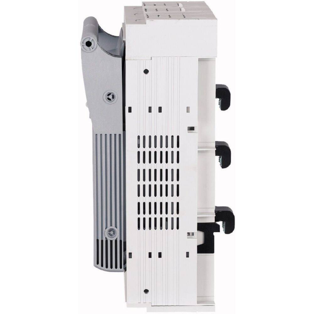 Seitenansicht eines weißen elektronischen Geräts mit einem belüfteten Panel und drei hervorstehenden Haken an der rechten Seite.
