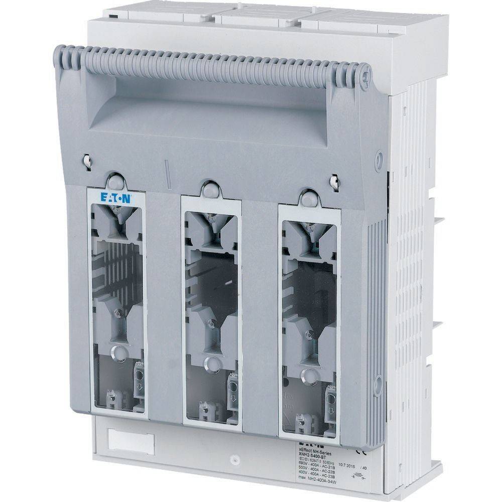Ein dreipoliger modularer Sicherungsschalter-Trennschalter mit grau-weißem Design, gekennzeichnet mit 'EATON', verwendet für elektrischen Stromkreisschutz.