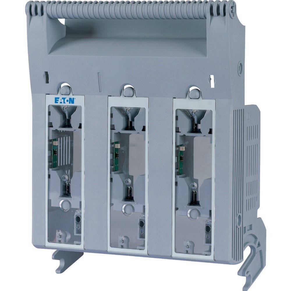 Dreipoliger elektrischer Schalter-Trennschalter, grau, vertikale Ausrichtung, Markenetikett 'EATON', bestehend aus Einbaueinheiten.