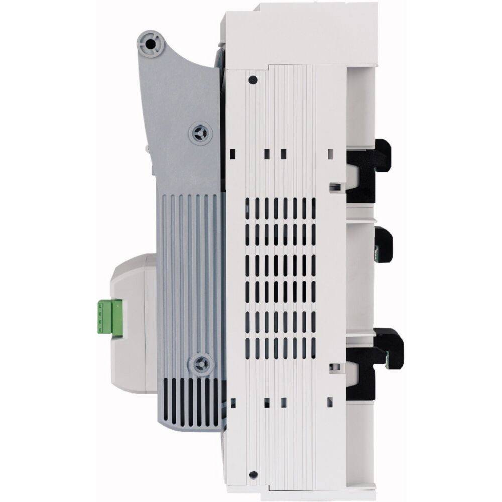 Eine Nahaufnahme aus Seitenperspektive eines elektronischen Geräts mit modularer Konstruktion, das Lüftungsschlitze zur Kühlung und Anschlussports an der linken Seite aufweist.