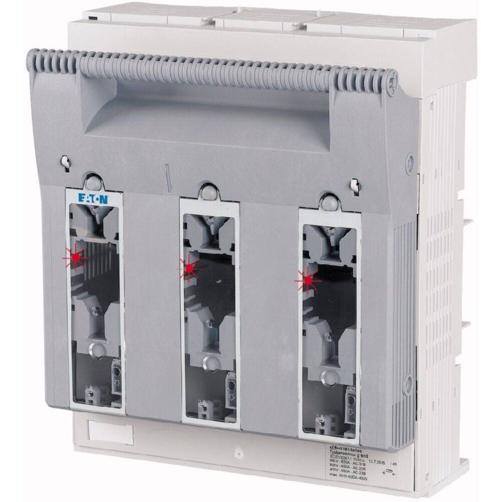 Ein dreiphasiges elektrisches Schaltanlagenmodul mit einem grauen Gehäuse, ausgestattet mit drei vertikalen Fächern und einem spiralförmigen Griff an der Oberseite.