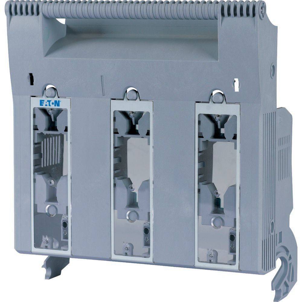 Ein grauer elektrischer Schalter-Trennschalter-Sockel mit drei Schlitzen, für den industriellen Einsatz konzipiert, mit dem Eaton-Logo auf der Vorderseite.