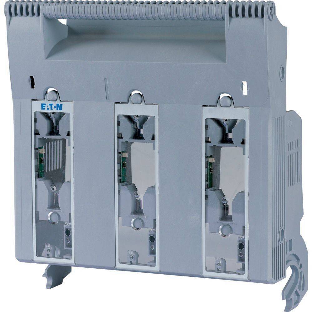 Ein grauer dreipöliger Trennschalter mit sichtbaren mechanischen Komponenten, auf der oberen linken Seite mit 'EATON' beschriftet. Geeignet für elektrische Anwendungen.