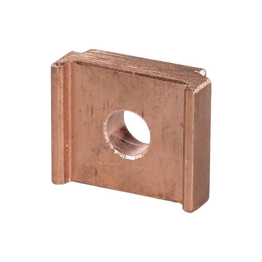Ein rechteckiger Kupferblock mit einem zentralen kreisrunden Loch, der für elektrische oder mechanische Anwendungen verwendet wird.