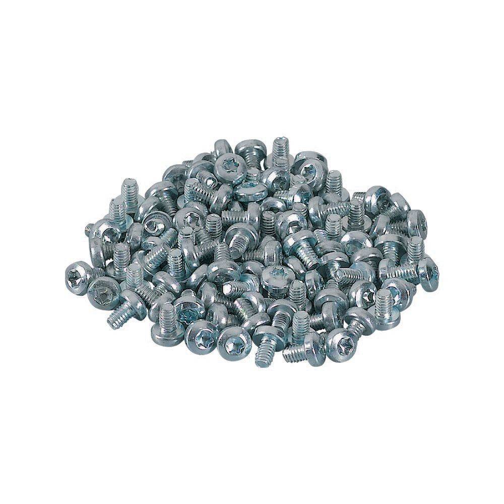 Ein Haufen glänzender, silberner Metallschrauben mit abgerundeten Köpfen, die zum Zusammenbauen oder Befestigen von Materialien verwendet werden.