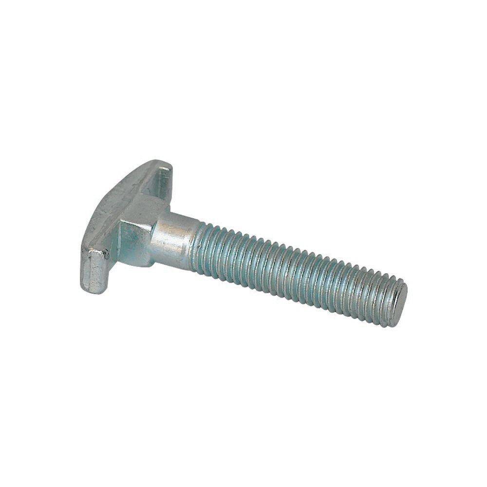 Ein silberner Metallbolzen in T-Form mit gewindeter Welle und flachem Kopf, verwendet in Bau- und Befestigungsanwendungen.