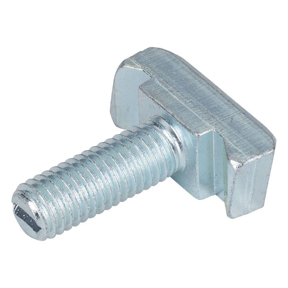 Ein glänzender Metallbolzen mit T-Form, einem gewindeten Schaft und einem rechteckigen Kopf, der zum Befestigen von Objekten in einer T-Nut verwendet wird.