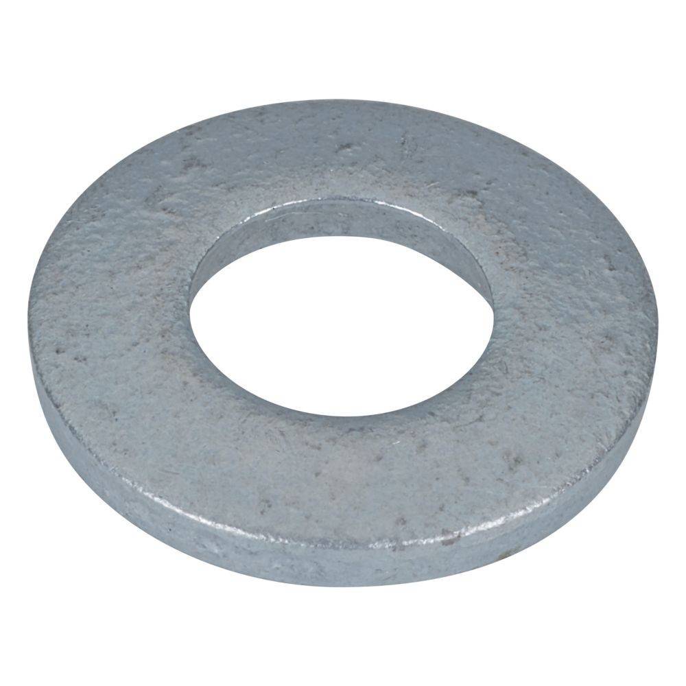 Eine Nahaufnahme einer Metallscheibe, kreisförmig mit einem Loch in der Mitte, hellgrau in der Farbe, verwendet zur Lastverteilung von Gewindebefestigungen.