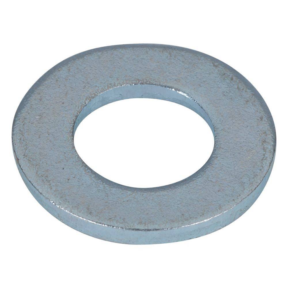 Große runde Metallscheibe mit einem zentralen Loch, die zum Verteilen der Last einer Befestigungsschraube verwendet wird. Aus silberfarbenem Metall hergestellt.