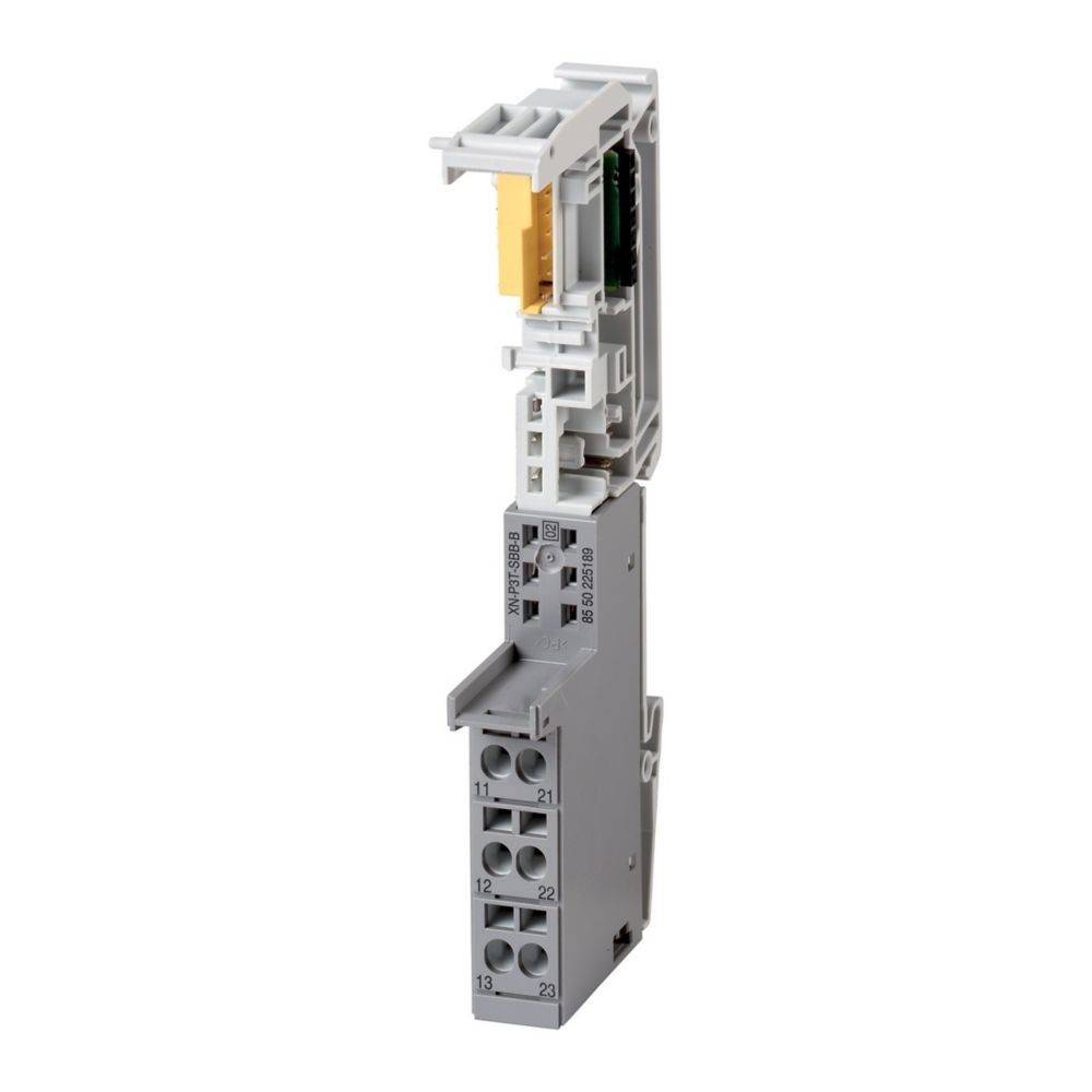 Ein grauer Anschlussblock-Modul mit nummerierten Anschlusspunkten, konzipiert für die elektrische Schaltkreisintegration und effiziente Organisation.