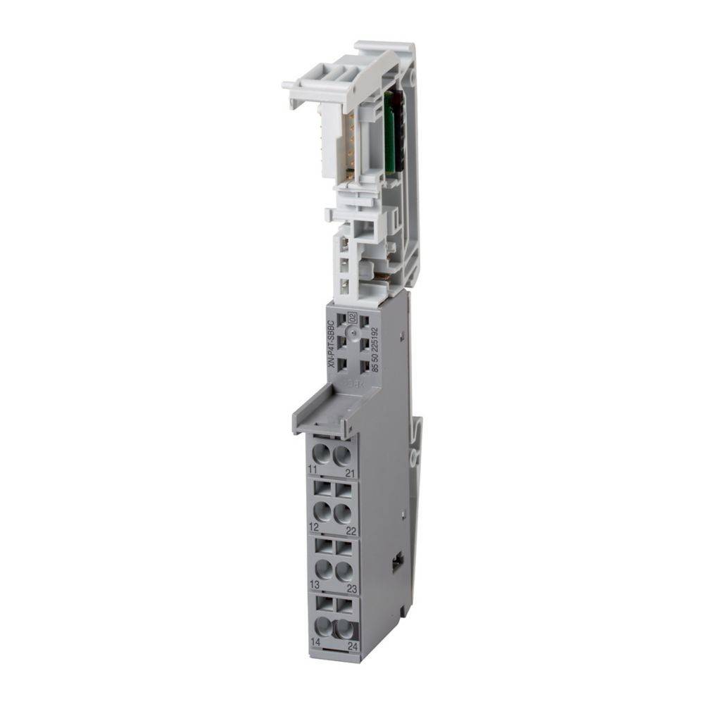 Ein grauer DIN-Schienenklemmenmodul mit nummerierten Anschlusspunkten und einem teilweise freigelegten elektronischen Schaltkreis auf der Oberseite.