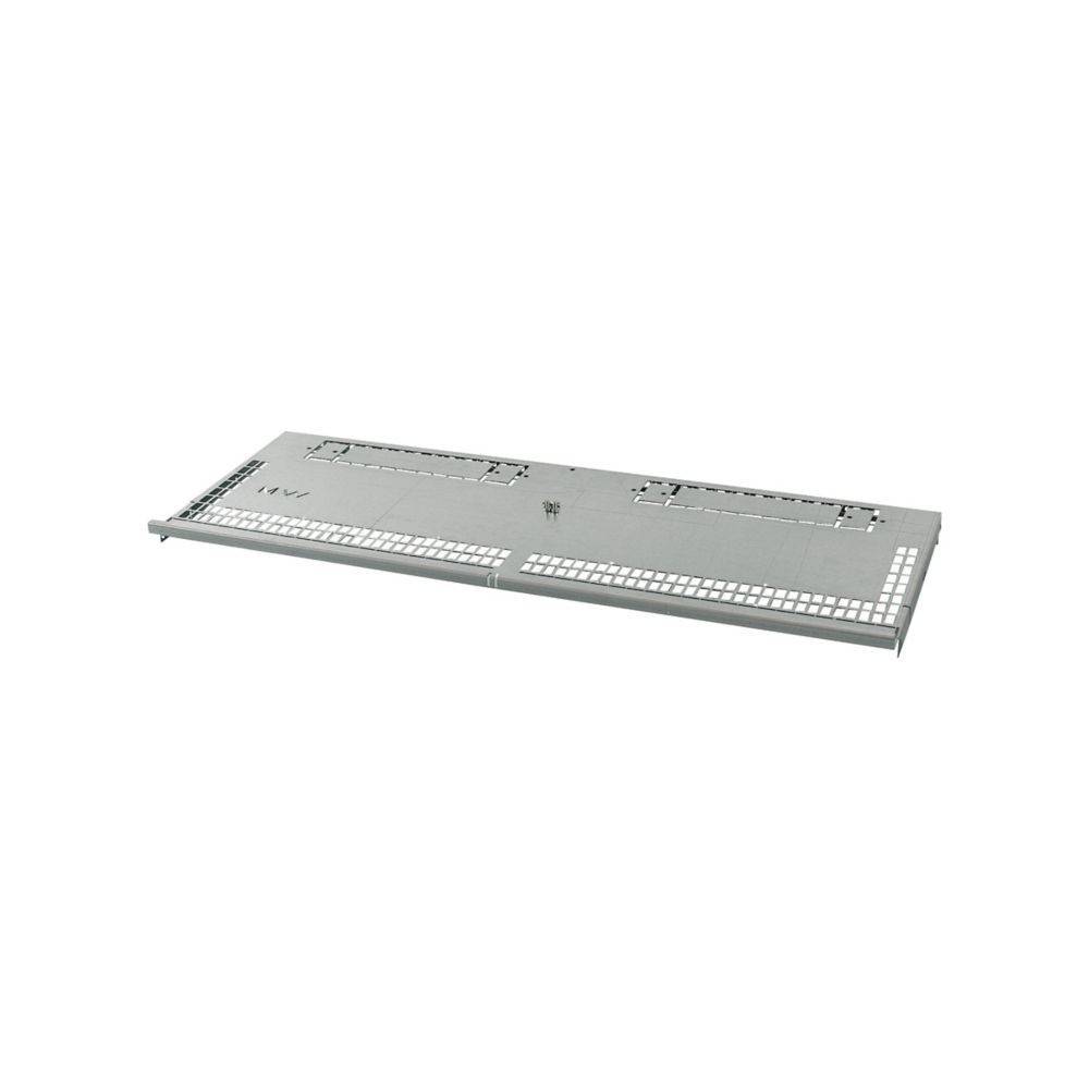 Ein weißes, rechteckiges Metallregal mit perforierten Löchern und Befestigungsbügeln an jedem Ende, das für den Einsatz in Serverracks oder -schränken konzipiert ist.