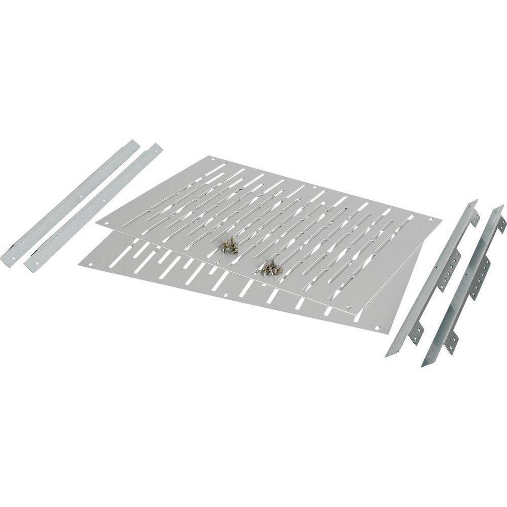 Metall-Rackhalterungsset mit zwei rechteckigen Platten und verstellbaren Halterungen, inklusive Schrauben zur Montage.