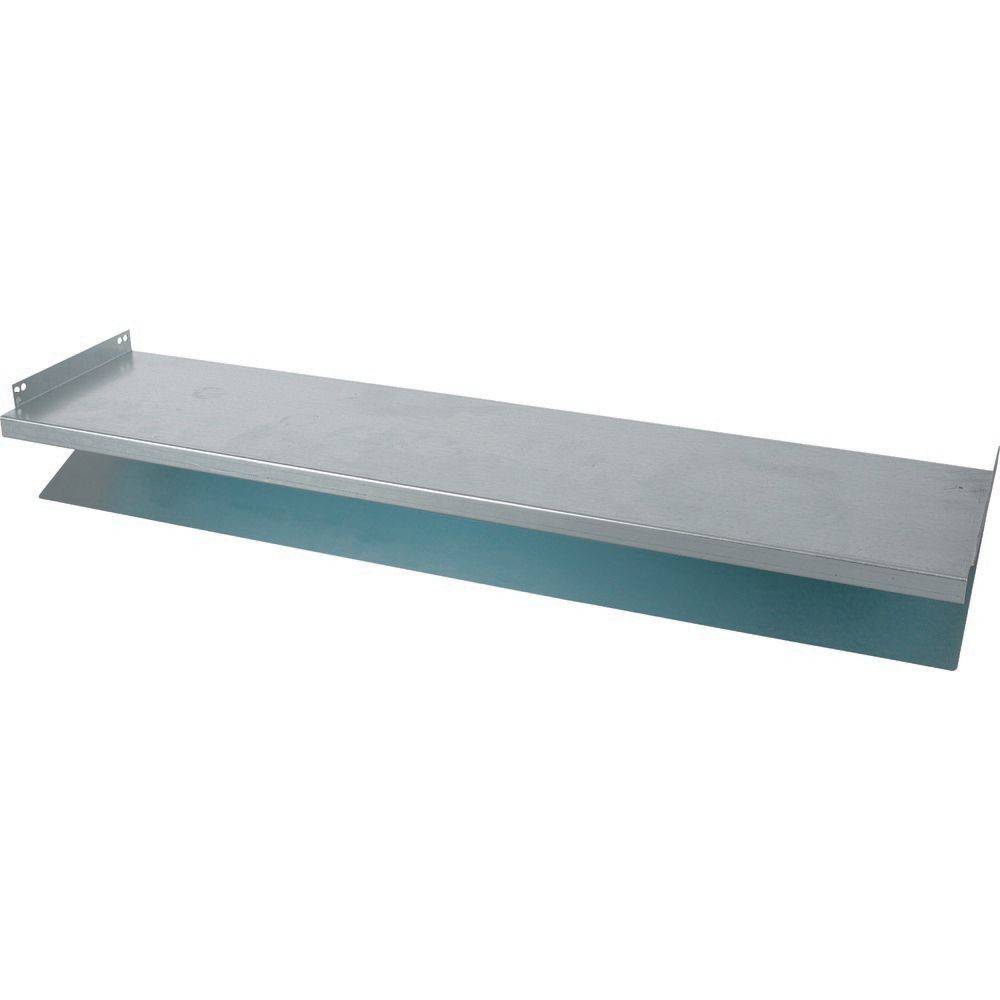 Metallregalhalterung in Grau, mit einer flachen Oberfläche und geneigter Stütze, verwendet zum Anbringen von Regalen an Wänden.