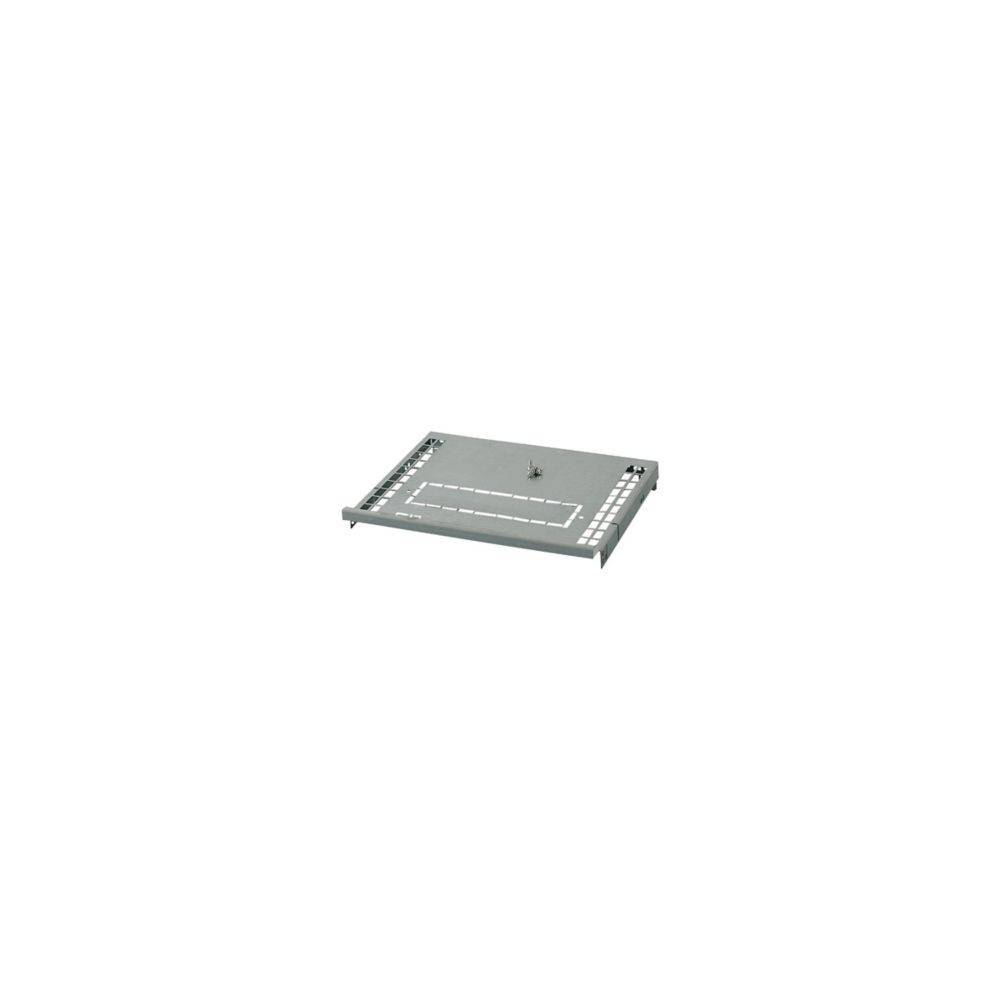 Ein flaches, rechteckiges Metalltablett mit einem kleinen zentralen Bolzen und punktierten Randlinien, möglicherweise für Montage oder Komponentenlagerung.