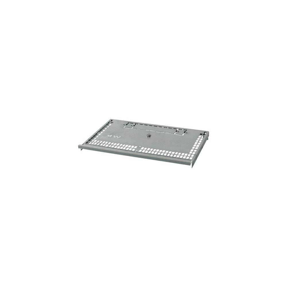 Eine rechteckige Metallabdeckung mit Gittermuster, versehen mit zwei Scharnieren und einem zentralen Schlüsselloch zum Sichern des Zugangs zu einem darunter liegenden Bereich.