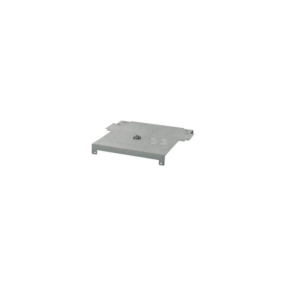 Eine flache, graue Metallmontagehalterung mit vorgeborten Löchern, die zum Befestigen elektronischer Geräte an einer Oberfläche konzipiert ist.
