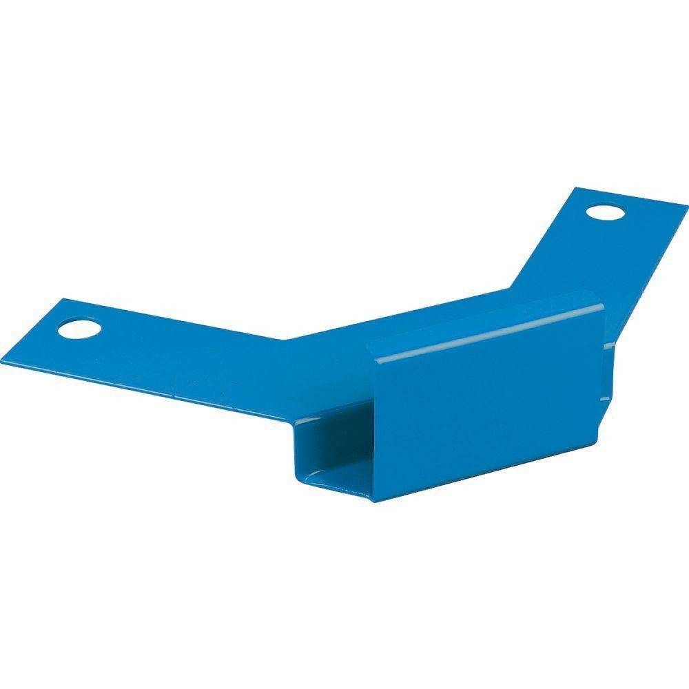 Eine blaue L-förmige Metallhalterung mit Löchern zur Befestigung, die in der Baubranche oder bei der Montage zur Unterstützung und Stabilisierung verwendet wird.