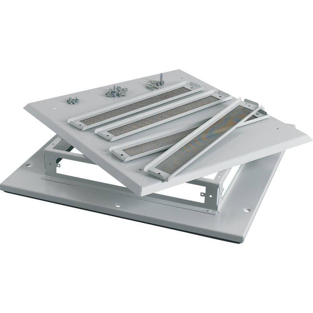 Ein offenes, weißes Deckeneinbaufeld mit Metallverriegelungen und Befestigungen, das für einfache Wartungszugänge konzipiert ist und einen klaren, modernen Look aufweist.