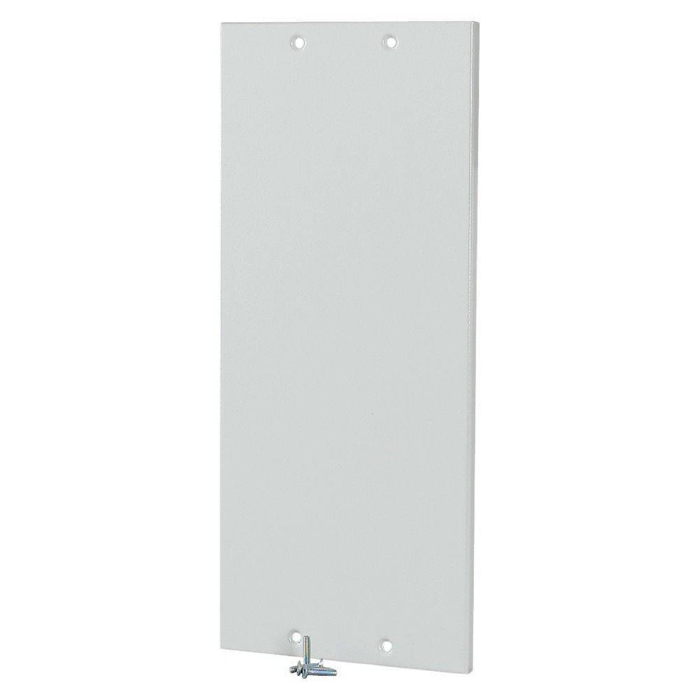 Ein rechteckiges weißes Panel mit vier Schraublöchern, eine Schraube ist teilweise am unteren Rand eingedreht.