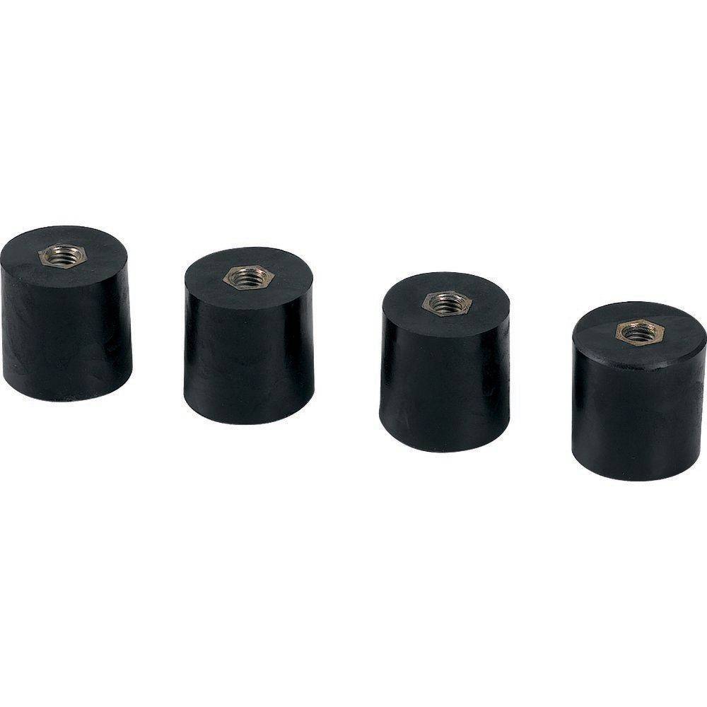 Vier zylindrische schwarze Gummipuffer mit gewindeten Metalleinsätzen, horizontal auf einem schlichten weißen Hintergrund angeordnet.