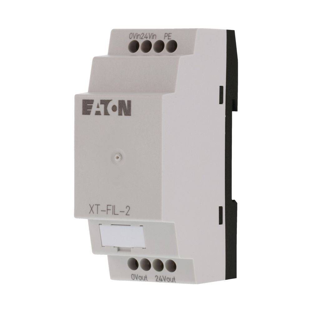 EATON XT-FIL-2' elektrisches Gerät, ein weißes Modul mit drei oberen Anschlüssen beschriftet als '0V ein', '24V ein', 'PE' und zwei unteren Anschlüssen '0V aus', '24V aus'.