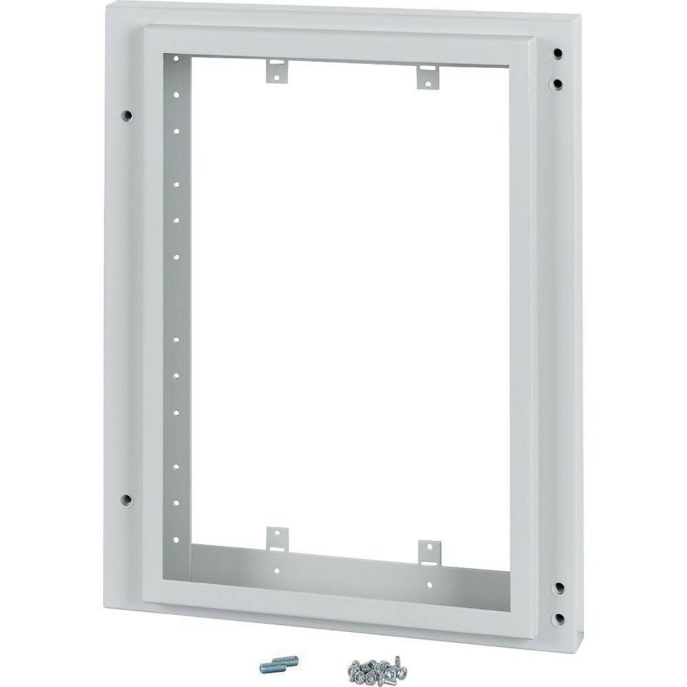Ein Metallbilderrahmen mit Befestigungslöchern wird von Schrauben und Dübeln vorne begleitet, die für eine sichere Installation vorgesehen sind.