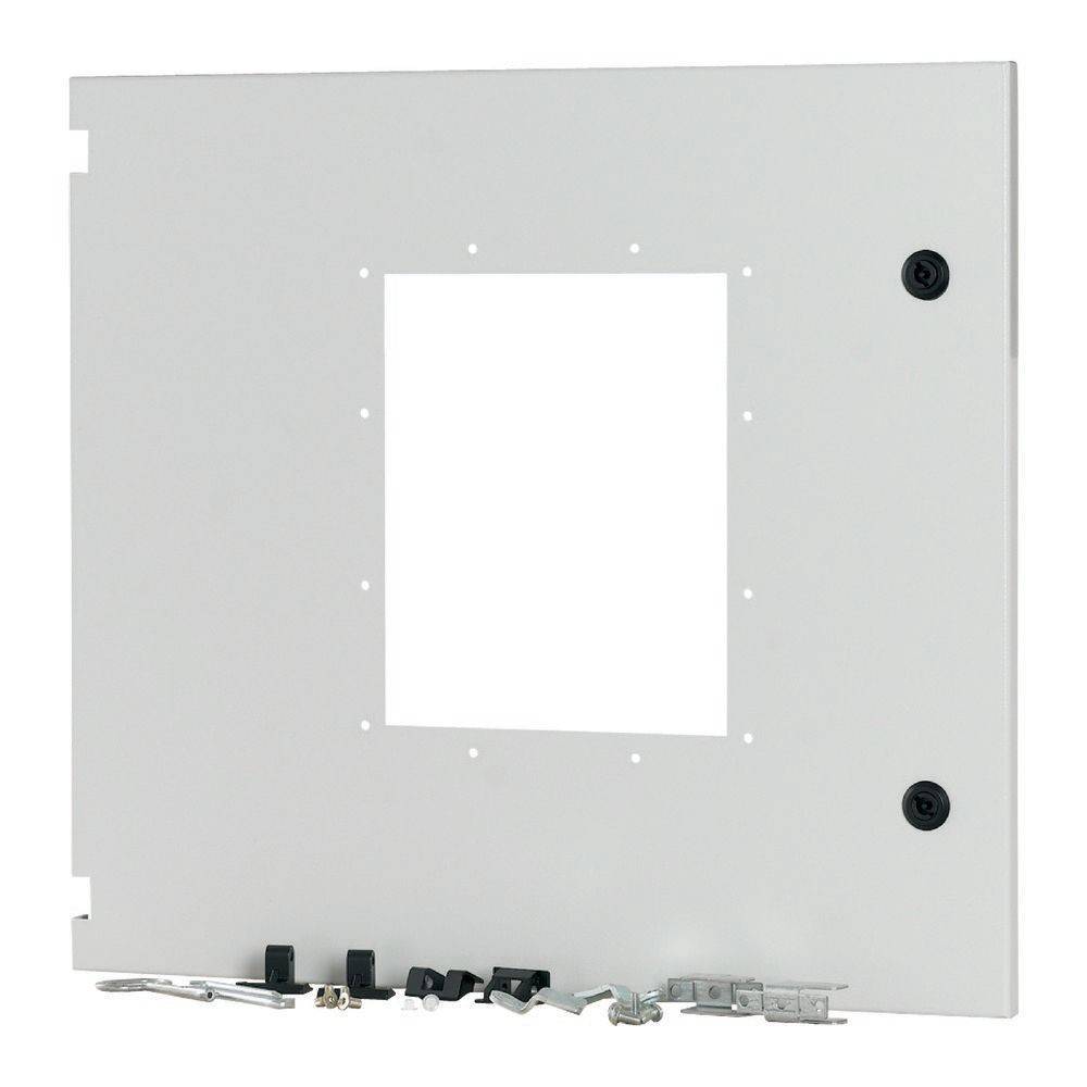Ein weißer elektrischer Schaltkreisdeckel mit einem zentralen quadratischen Ausschnitt, versehen mit zwei schwarzen kreisförmigen Befestigungen auf der rechten Seite und verschiedenen kleinen Metallkomponenten am unteren Rand.
