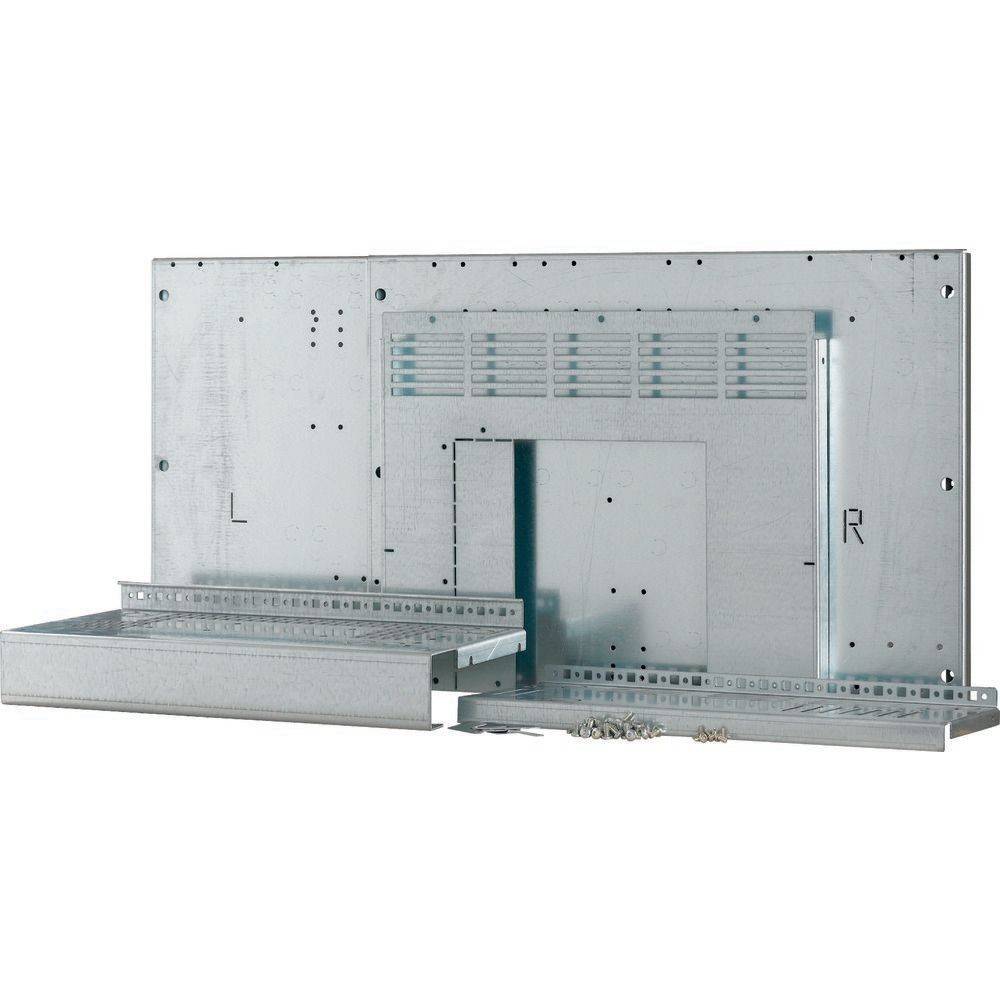 Metallische Montageplatte mit beschrifteten Abschnitten L und R, die eine Rinne und Komponenten zur Organisierung von Elektrokabeln aufweist.
