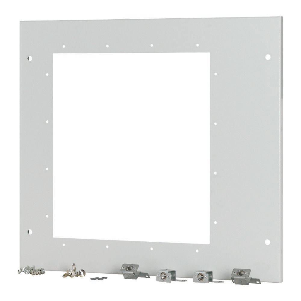 Ein quadratisches Metallzugangsdeckel mit vorgebohren Löchern und kleinen Befestigungsbügeln, Schrauben und einem Schlüssel zum Sichern.