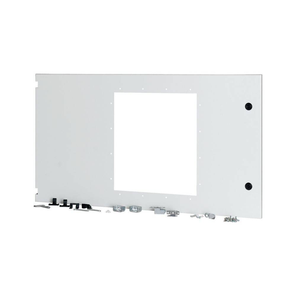 Ein weißes rechteckiges Panel mit einem großen quadratischen Ausschnitt in der Mitte und kleinen Komponenten, die entlang des unteren Randes angeordnet sind.
