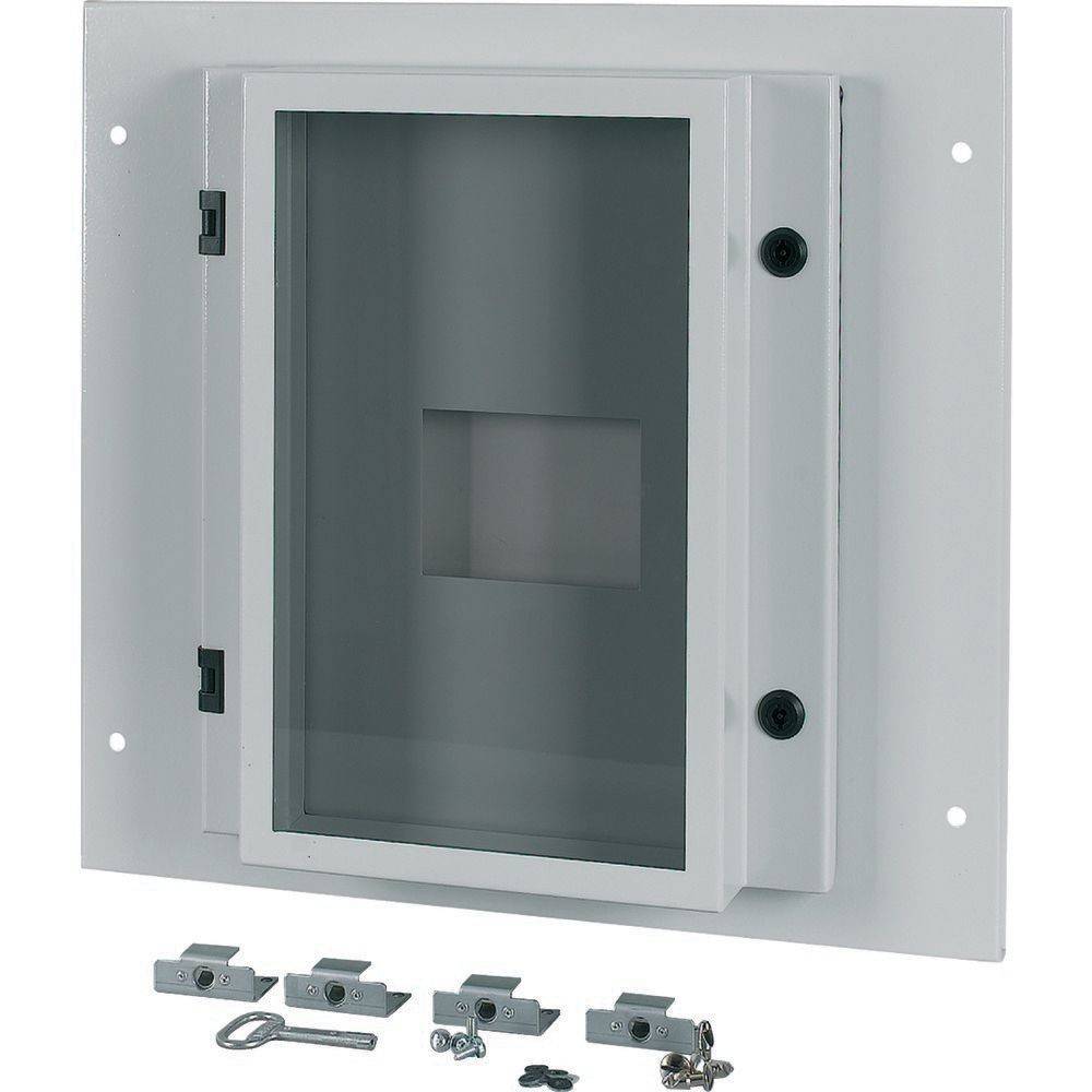 Wandmontierter Metallschrank mit Glastür, Scharnieren und Verschlussmechanismus.Inklusive Schlüssel und Befestigungsmaterial.