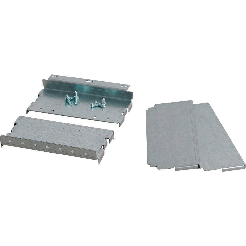 Metallbeschlagset mit Schrauben, bestehend aus einem flachen Metallstück und Seitenpaneelen zum Zusammenbau oder zur Reparatur von Geräten.