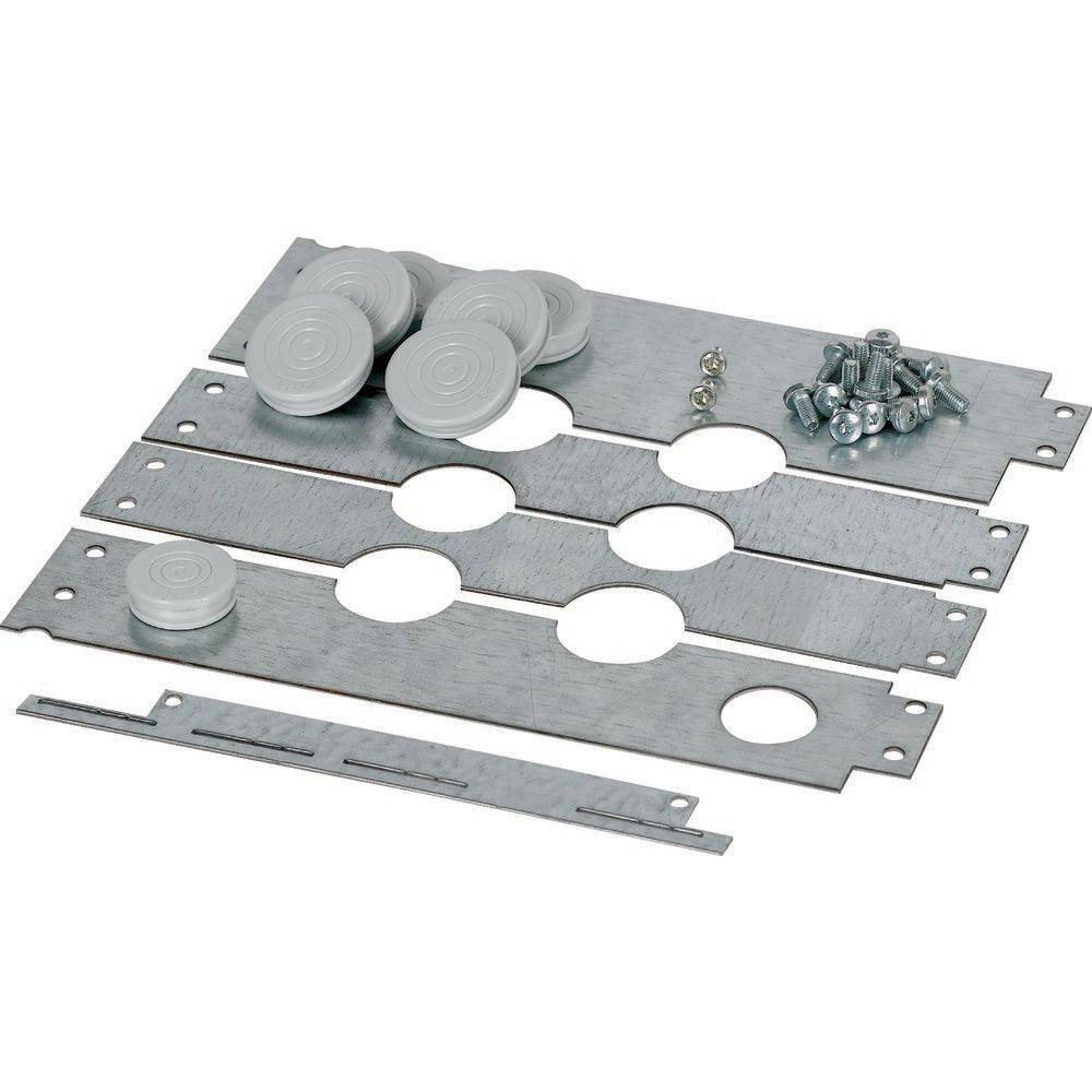 Metall-Montagekit mit Platten, runden Abdeckungen, Schrauben und Bolzen zur Montage oder Installation.