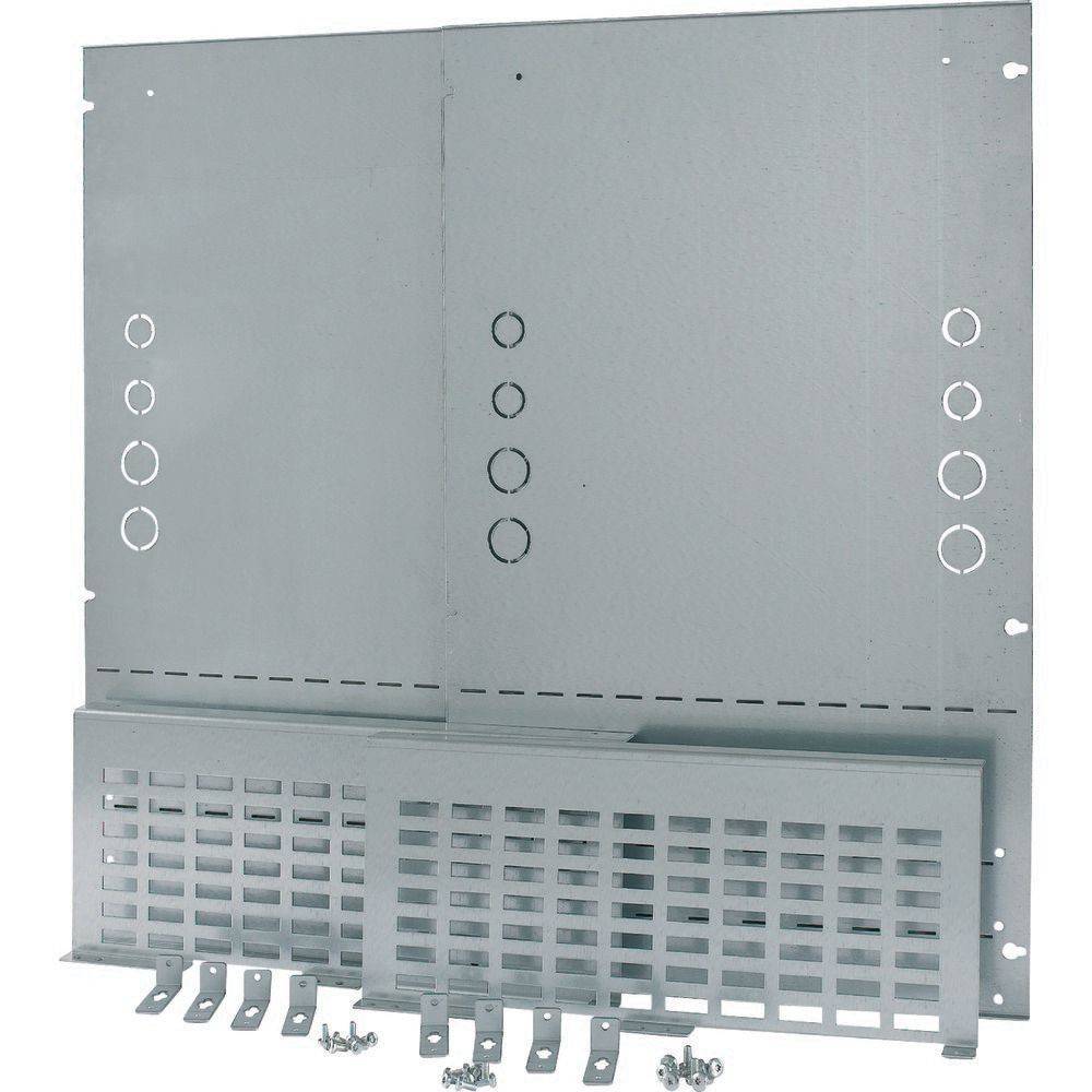 Graue Metallfederhalterung mit mehreren Löchern und Schlitzen, begleitet von einem belüfteten Panel und kleinen Metallclips zur Montage.