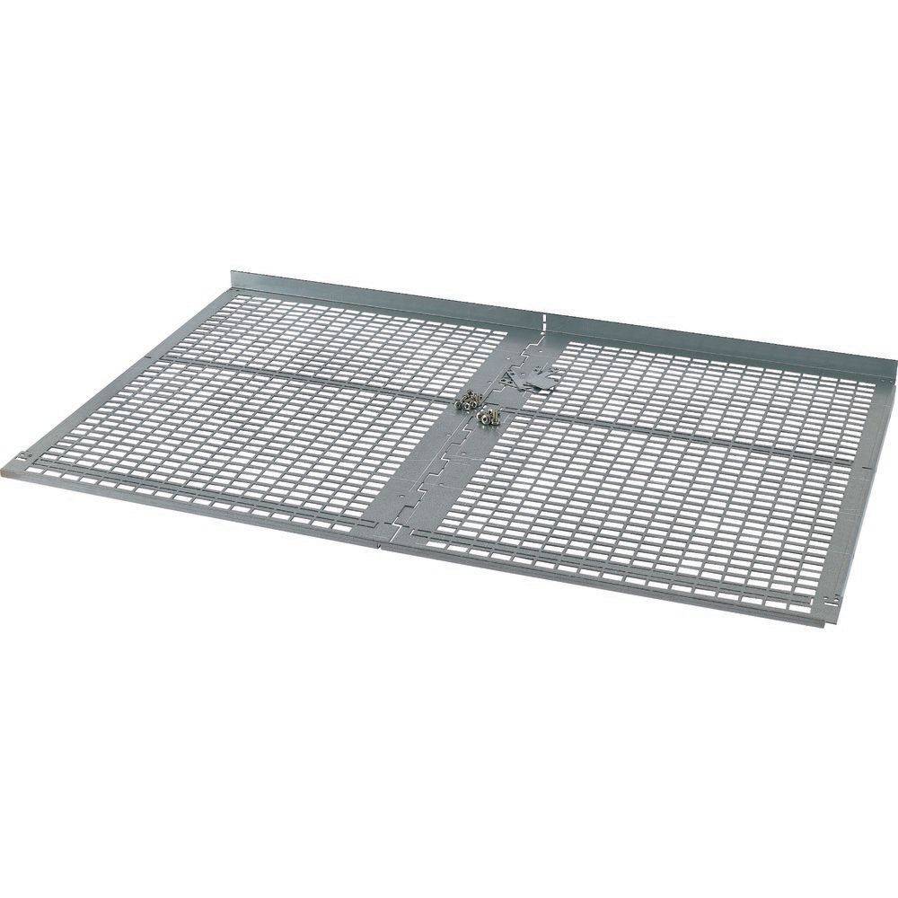 Rechteckige Metallablaufschachtabdeckung mit Gittermuster und zentraler Scharnierbefestigung.