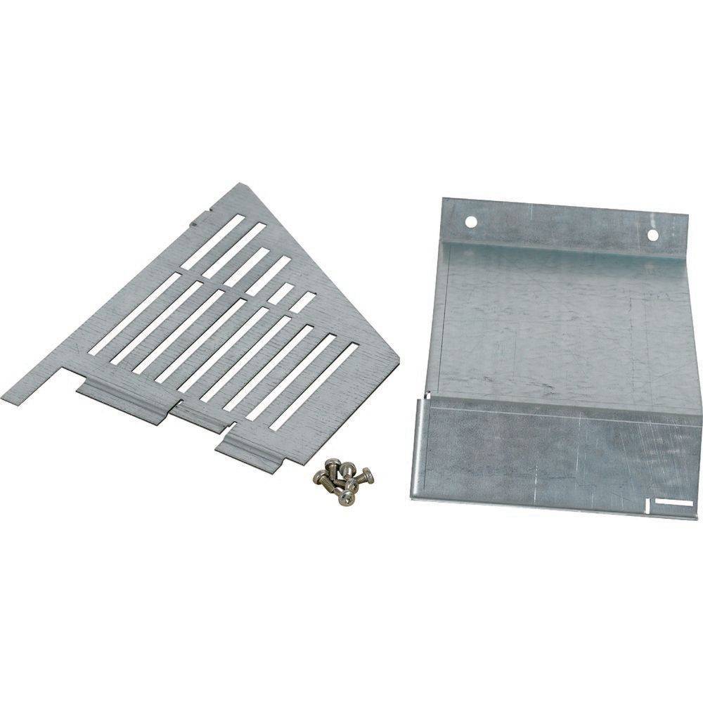 Ein Metallwandblende-Set für Pelletofen, bestehend aus einer rechteckigen Platte mit geschlitzten Belüftungsöffnungen und einer Abdeckplatte, inklusive Befestigungsschrauben.