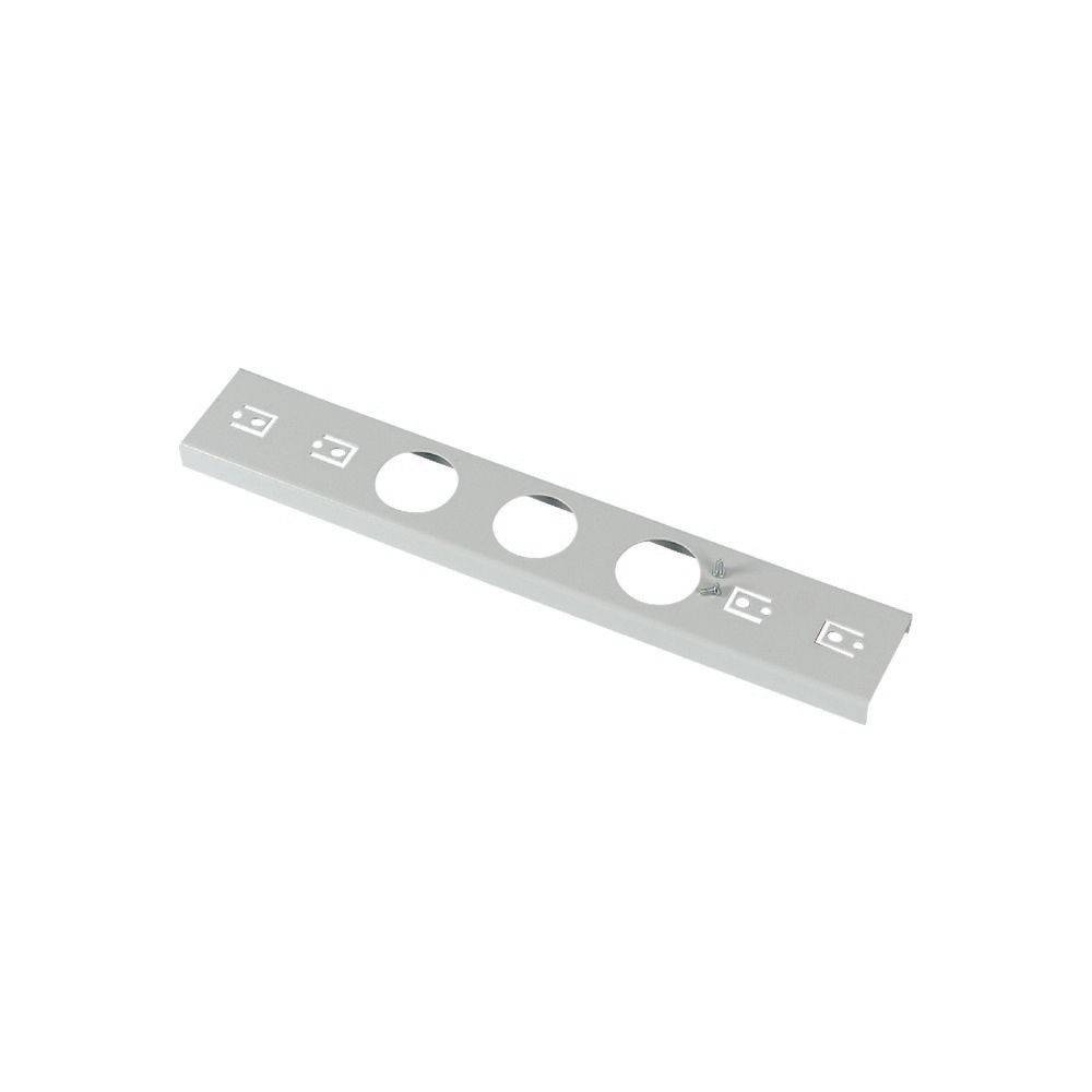 Ein Metallpanel mit drei kreisrunden Löchern und Symbolen über jedem Loch. Dient zum Befestigen oder Verbinden anderer Komponenten.