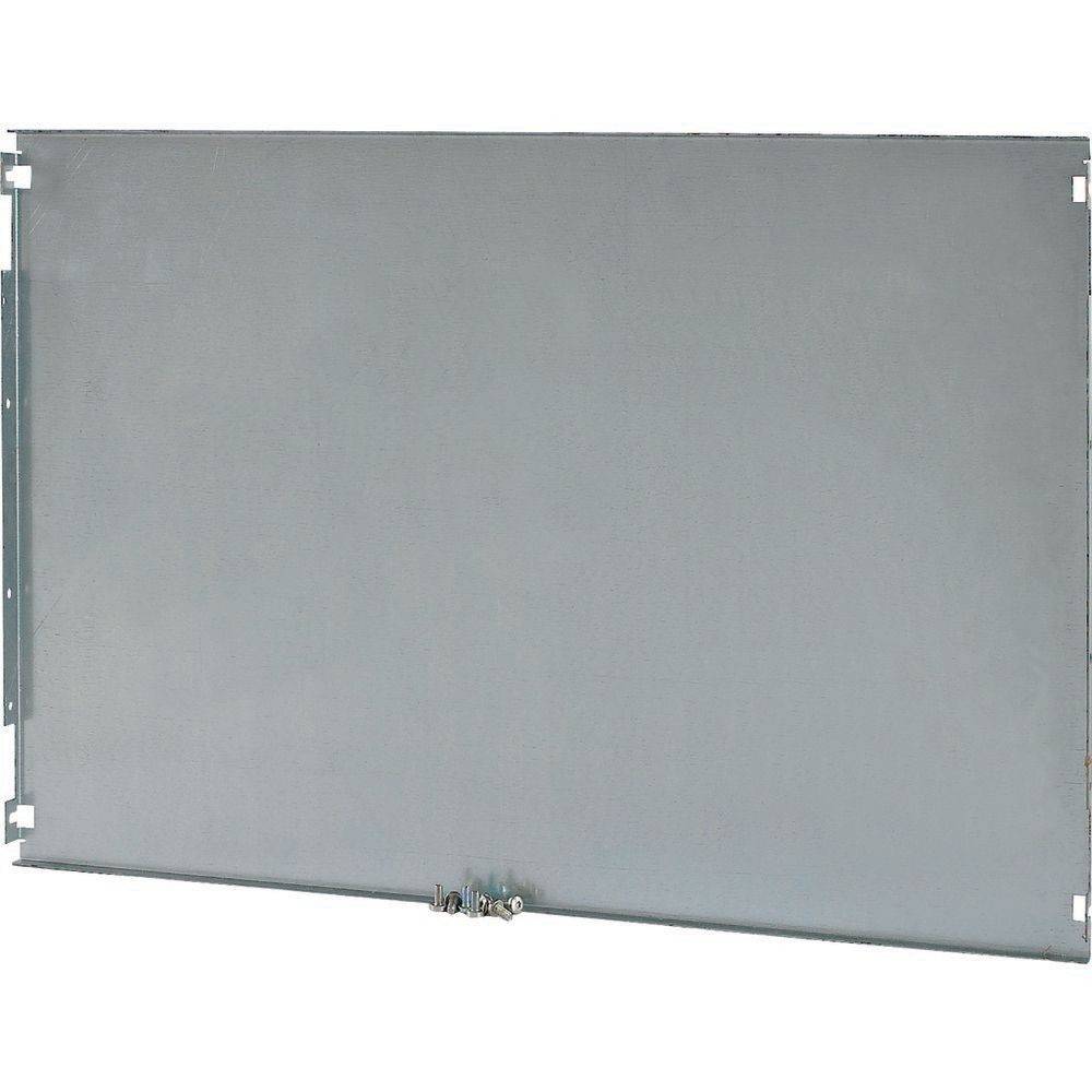 Ein flaches, rechteckiges Metallpaneel mit einer glatten Oberfläche und kleinen Befestigungshalterungen an den Ecken, verwendet für elektrische oder industrielle Gehäuse.