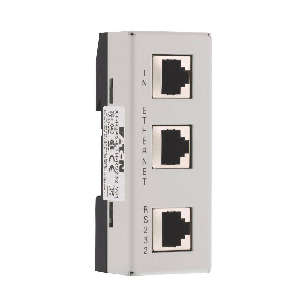 Ein Drei-Port-Panel mit Beschriftungen: 'IN', 'ETHERNET' und 'RS232', das Anschlüsse für Netzwerk- und serielle Kabel bereitstellt.