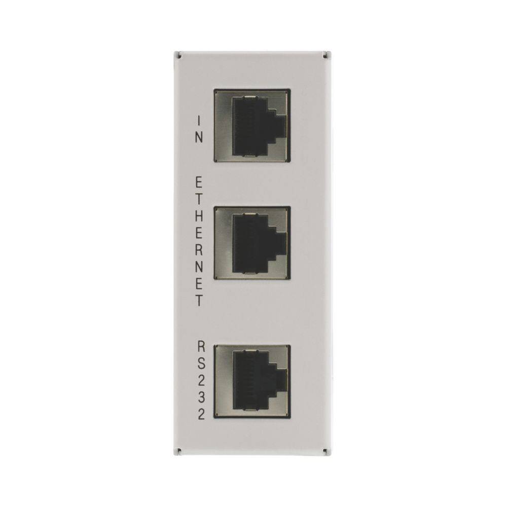 Bedienfeld mit drei Anschlüssen beschriftet als 'IN', 'ETHERNET' und 'RS232'.